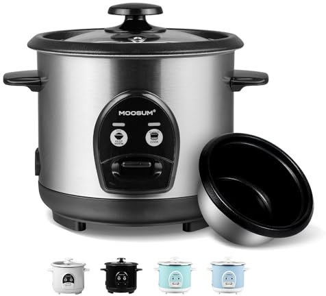 MOOSUM Arrocera y Control de Un Solo Botón, 0.6L - 3CUP, Para 1-3 Personas, Preparación Rápida Sin Quemar - Con Función para Mantener Caliente Incluye Cuchara y Taza Medidora, Plata