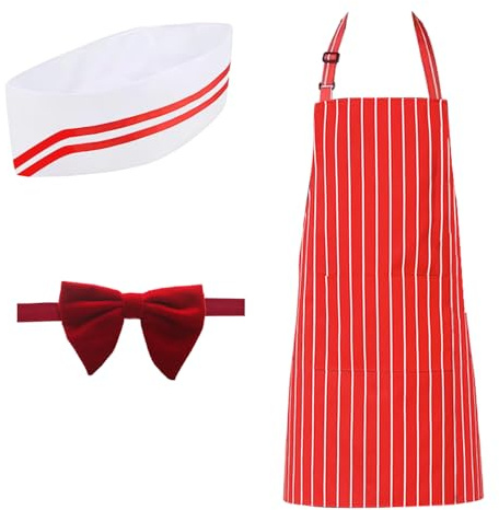 HFCOONY 3 PCS 1950s Waiter Costume Kit, Soda Jerk Costume Kit Red and White Striped Apron Chef Hat Red Bow Ties Adjustable For Adult Movie Night Costume Cosplay Carnivals Circus Party Halloween