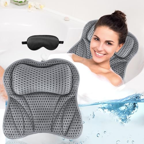 UCAMP Almohada de Baño,Cojín de Baño con tecnología 4D-Air-Mesh y 6 ventosas,Almohada para Bañera para Cabeza,Cuello,Espalda y Hombros,con máscara para Ojos Negra incluida, SPA en casa