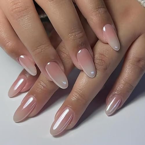 GlamRays Lot de 24 faux ongles en acrylique, taille moyenne, ovales, rose ombré nude, dégradé de couleur, avec design brillant artificiel
