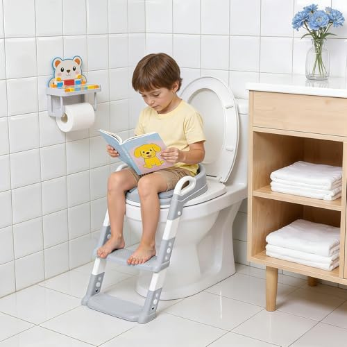 Toilettensitz Kinder mit Treppe, Toilettentrainer für Kinder von 2-7 Jahren, Klappbar Kinder-Treppen-Toilettensitz, Höhenverstellbar, WC Sitz mit Abnehmbare PU-Kissen, Weiß