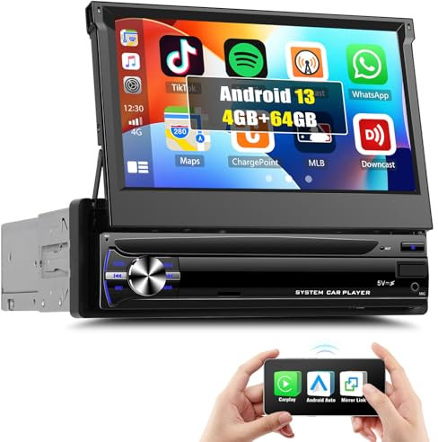 4G+64G GOHHDL 1 DIN Android 15 Autoradio mit Wireless Carplay Android Auto, 7 Zoll IPS Manuell Touch Ausfahrbarem Bildschirm Touch Display Auto Radio 1 Din mit WiFi GPS Bluetooth FM/RDS EQ USB SWC
