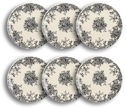 NOVASTYL - Lot6 assiettes à dessert florali 19.5cm en grès décor noir - 2614807