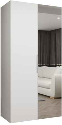MEBLE KRYSPOL - Kleiderschrank mit Spiegel - Drehtürenschrank - Schrank 100x202x52cm - Garderobenschrank Schlafzimmer, Flur, Jugendzimmer - Farbe Weiß, Griff Kaschmir - Marbella 2 100