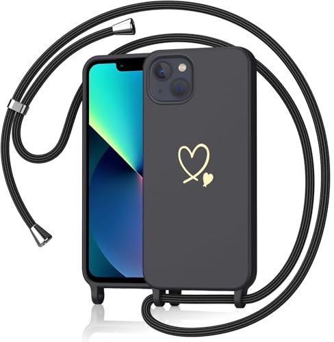 Yichxu Yichu Coque pour iPhone 13 avec Cordon, Souple Silicone Liquide Housse avec Collier, Réglable Lanyard Case, Motif Coeur d'amour Antichoc Etui Protection Cover pour iPhone 13, Noir