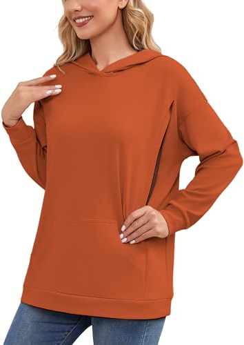 Ecavus Damen Umstands-Still-Sweatshirt mit verstecktem Reißverschluss, lange Ärmel, Übergröße, Stillpullover, Oberteil mit Taschen