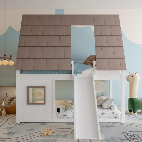 Lettino a castello, 140 x 200 cm, con tetto, scala e scivolo, bianco+marrone, MDF + pino