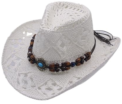 White Cowgirl Hat, Cowgirl Hat Women/Mens, Wide Brim Straw Cowboy Hats, Breathable Hollow Out Western Sunhat for Women, Summer Beach Accessory for Travel Holiday, Straw Cowboy Hats