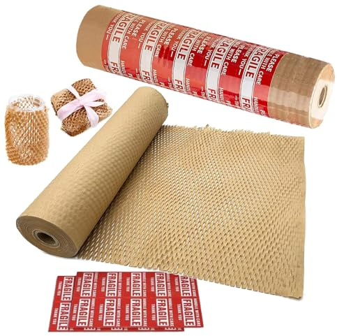 Honigwaben-Verpackungspapier 30cm breit Umweltfreundliches recycelbares & biologisch abbaubares Polstermaterial für Umzug, Produkte & Geschenke, inkl. 20 Zerbrechlich-Aufklebern (30cm x 100m)