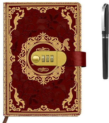 HUANYO A5 Password Journal with Pen, Vintage Leather Look Combination Lock Diary for Women Girls, 200 Pages Lined Notebook for Travel Writing Office School (red)