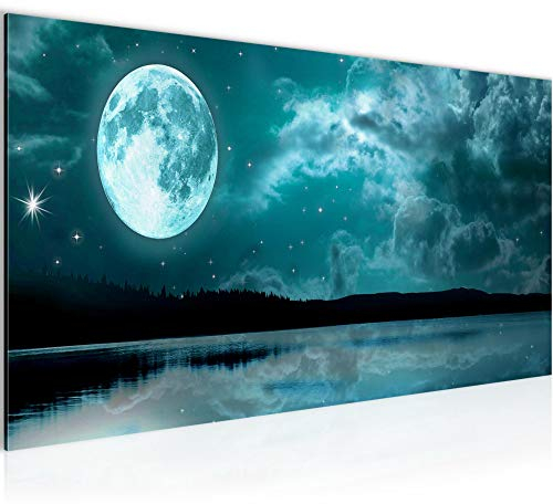 Runa Art Wandbild Nachthimmel Mond 1 Teilig 100 x 40 cm Modern Bild auf Vlies Leinwand Wasser Landschaft Wohnzimmer Schlafzimmer Türkis 607512c