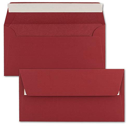 75x Briefumschläge DIN Lang 11 x 22 cm gerippt in Dunkelrot gefüttert mit rotem Seiden-Papier 110 g/m² Haftklebung