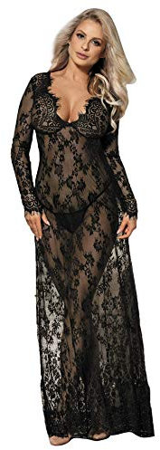 comeondear Women Sexy Dress Transparent Sleepwear Lace Nightwear Black(Size: XL)