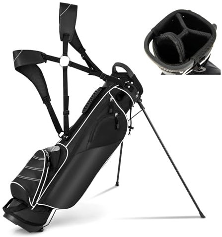 GYMAX Golf Stand Bag, 4 Way Divider Golf Bag with 4 Zippered Pockets, Cooler Bag, Rain Hood & Padded Shoulder Strap, Lightweight Portable Pitch n Putt Golf Clubs Bag for Men/Women (Black)