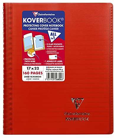 Clairefontaine 556804C Un Cahier à Spirale Koverbook Rouge - 17x22 cm - 160 Pages Lignées avec Marge - Papier Blanc 90 g - Couverture Polypro