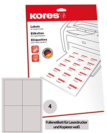 Kores Folien Etiketten weiß Laser+Kopierer 105,0 x 148,0mm 10 Blatt 40 Etiketten, reißfest, wasserfest, abwaschbar