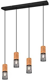 meineWunschleuchte 4-flammige Pendelleuchte mit Drahtgitter Schirmen Schwarz und Holz, Breite 65cm