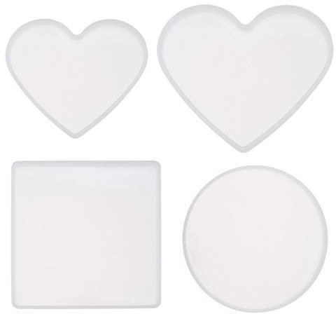 EMSea 4pcs Moules en Résine de Silicone pour sous-Verres Cadres Photo Moulage Artisanat Décoration Outils de Bricolage, Carré Rond Grand Petit Coeur en Forme de Coeur