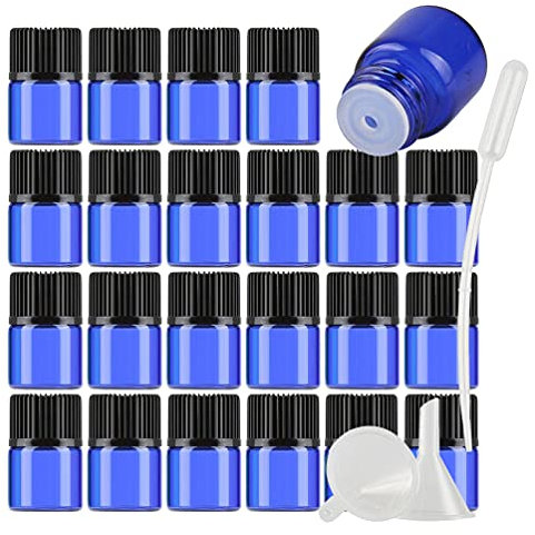 TIANZD 50 Pièces Mini 1ml Bleu Bouteilles en Verre D'huile Essentielle avec Orifice Réducteur, Flacons en Verre Vides apour Huiles Essentielles Aromathérapie