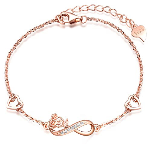 MicLee Bracelets élégants pour femmes et filles, bracelet en argent 925, bracelet infinity symbole-fleur de rose, avec cœur mini, Zircon incrusté, chaîne réglable, or rose