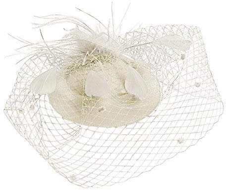 TINAYAUE Damen Hut Bibi Hochzeit Elegant Schleier Braut Kopfschmuck Vintage Mesh Mini Schleier Hochzeit Barett mit Feder Haarspange verziert Zubehör für Kostüm Abend Party, helles beige, Einheitsgröße