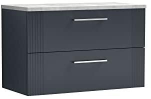 nuie DPF1495LBG Deco Modern Bathroom Wall Hung 2 Drawer Part Fluted Vanity Basin Unit with Laminate Bellato Grey Worktop, 800mm, Soft Black