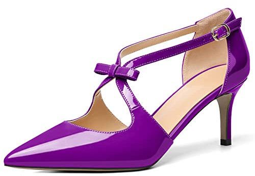 elashe Donna Décolleté a Punta Tacchi Spillo Scarpe con Cinturino Incrociato Fiocco Eleganti Pumps Viola EU38