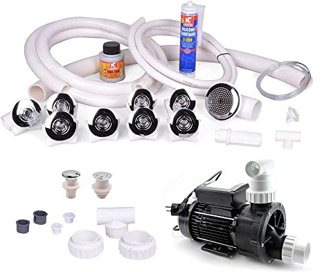 AQUADE 25-teiliges Set Whirlpоol Badewanne Selbstbausatz - Bausatz mit Whirlpoоl Pumpe 0,75 HS, 4X Kappe Stopfer, Schraubgriff, 8X Whirlpoоl Düsen, Schlauch, Silikon, Lüftregler, Ansaugung und mehr