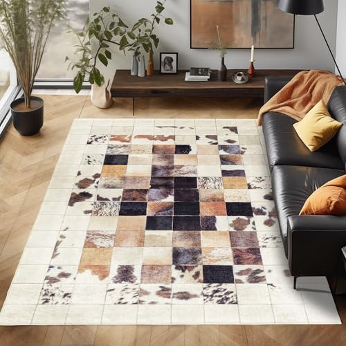 Waschbarer Teppich Flachgewebe Robust Patchwork Design Vintage Optik rutschfest Teppich Wohnzimmer, Farbe: Weiß, Größe: 160 x 230 cm