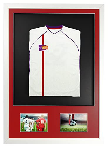 Vivarti DIY Infant 3D Mounted + Double Aperture Sports Shirt Display Frame for Football Shirt, Rugby Shirt, Band T-Shirt Shadow Box - 50x 70cm - Gloss White Frame, Red Mount, Black Backing Card