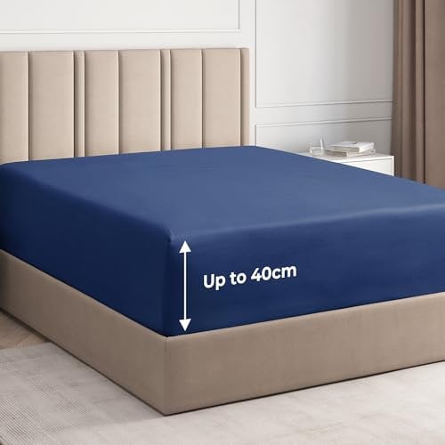 King Fitted Bed Sheet – Extra Deep Pocket – Fits Mattress up to 40cm (16) – Soft Brushed Microfiber – OEKO-TEX Certified – Shrinkage and Fade Resistant – Bottom Sheet, Navy Blue Colour, 150 x 200cm
