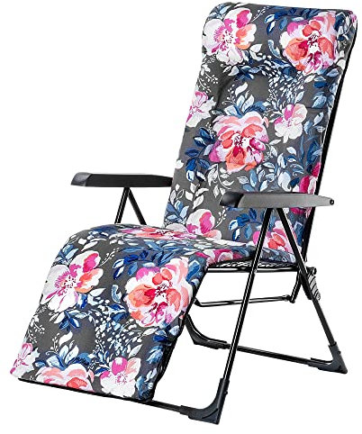 KADAX Gartenstuhl, Stahl Liegestuhl mit Kissen, Klappbare Sonnenliege mit Traglast bis 110kg, Gartenliege mit Verstellbarer Rückenlehne, Gartensessel (Blumen)