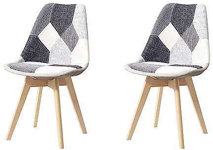 HJhomeheart Set aus 2 Esszimmerstühlen aus Patchwork-Stoff mit abnehmbarem Sitzkissen und Massivholzbeinen für Esszimmer, Wohnzimmer, Küche usw. (Patchwork Grau)
