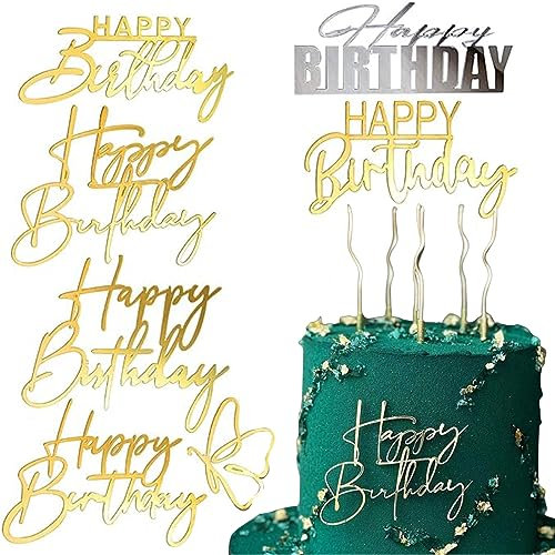 Irikdescia® 6 Packungen Happy Birthday-Kuchenaufsätze, Verschiedene Formen, um Geburtstagskuchen glänzen zu Lassen, Schmetterling Acryl Geburtstagsparty-Zubehör (Gold, Silber)