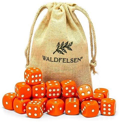 Waldfelsen 6, 12, 20, 30 oder 50 hochqualitative Würfel Standardgröße 16 mm Acrylwürfel Knobel Spielwürfel Dice 6-seitig sechsseitig Spielzubehör Set mit Stoffbeutel (Orange, 20 Stück)