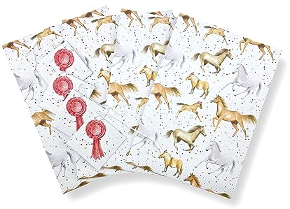 Geschenkpapier mit Pferdemotiv, 100% recycelbar und recycelbar, umweltfreundlich, bedruckt, 4 Bögen und 4 Etiketten, Geburtstag, Weihnachten, Muttertag