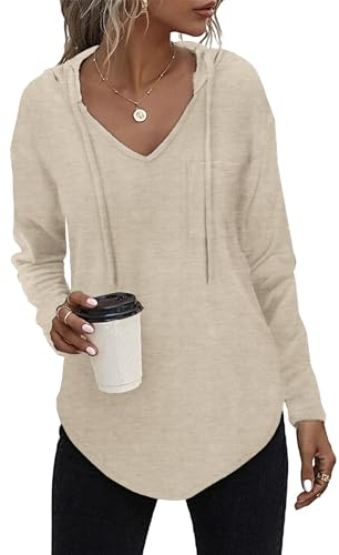 Kapuzenpullover Damen Leichter Pullover Hoodie Sweatshirs mit Taschen für den Herbst Beige, XXL