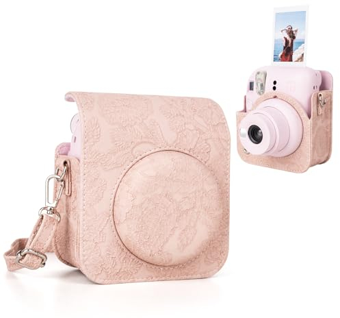MUZIRI KINOKOO Mini 12 Camera Case Compatible for Fuji Instax Mini 12 Instant Camera - PU Leather Embossed Pattern Mini 12 Carrying Protective Case - with Removable Adjustable Strap - Light Pink