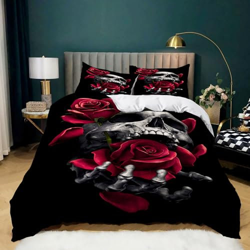 WHUOEUCO Bettwäsche Kinder 155x220 cm Bettbezug Schwarze Totenkopf-Rosenblume, Weiche Mikrofaser Bettwäsche-Sets, Bettbezüge und 2 Kissenbezug 80x80 cm mit Reißverschluss