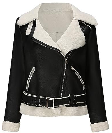 Lvguang Damen Kunstlederjacke Winterjacke Mit Gürtel Wildlederimitat Mantel Asymmetrischer Reißverschluss Schlanke Lederjacke Kurz Leicht Vegan Lederjacke (Schwarz,XL)