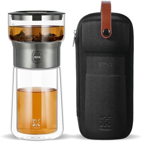 ZENS Moderne Teekanne aus Glas, Smart One Touch Teebereiter für losen Tee-Diffusor mit isoliertem Becher und tragbaren Tee-Kits, coole Gongfu-Teekanne für schwarzen Teeliebhaber