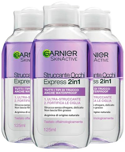 Garnier Skin Active Augen-Make-up-Entferner Express 2in1, entfernt Make-up, wasserfest, stärkt die Wimpern, sanfte Formel mit Arginin natürlichen Ursprungs - 3 Flaschen à 125 ml