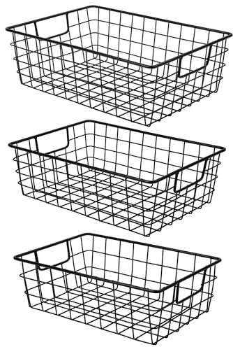 Wetheny 3 Pack Extra Large Wire Basket with Metal Handles, Metal Basket for organizers and storage, Wire Storage Baskets for Pantry, Cabinet, Fridge, Kitchen, Wardrobe, Garage, Bathroom, Black