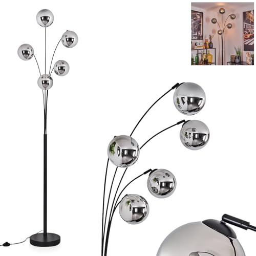 Stehleuchte Gastor, Stehlampe aus Metall/Glas in Schwarz/Chromfarben, Leuchte im modernen Retro/Vintage-Design mit Schirmen aus Glas (Ø 15 cm) u. Fußschalter, Höhe 210 cm, 5 x E14, ohne Leuchtmittel