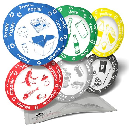 Informationsaufkleber – Piktogramme zur Organisation der Mülltrennung für Mülleimer oder Container – 3 Sets mit je 6 runden Aufklebern – 9,5 cm