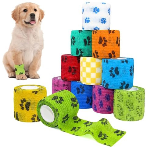 12-Rollen Selbsthaftende Bandage Hund Vet Verband Elastische Selbstklebender Verband, Selbsthaftender Verband, Gipsbinden, Cohesive Pet Vet Wrap für Katze,Hund,Pferd Bein Klebeverband(2.5cm x 4m)