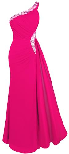 ANGEL FASHIONS - Vestido de noche suave con un hombro descubierto para mujer, rosado fucsia, 8