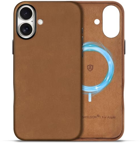 SHIELDON Lederhülle für iPhone 16 Plus, Handyhülle [Crazy Horse Leder] [Magnetisc Kabelloses Laden] [Einfach Aussehen] [Kratzfest] Schutzhülle Kompatibel mit iPhone 16 Plus 5G 6,7 2024 Braun