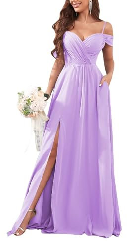 KURFACE Vestidos de dama de honor de gasa con hombros descubiertos para mujer con bolsillos de abertura, vestido formal para boda, Lila, 38