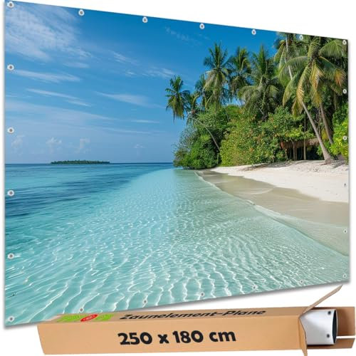 TRIOSK Sichtschutz Garten Deko Zaun Plane Blickdicht groß mit Zaunblende Motiv Malediven Strand Beach House für Zaunelement Doppelstabmatten Stabmattenzaun Gartenzaun PVC 250x180 cm